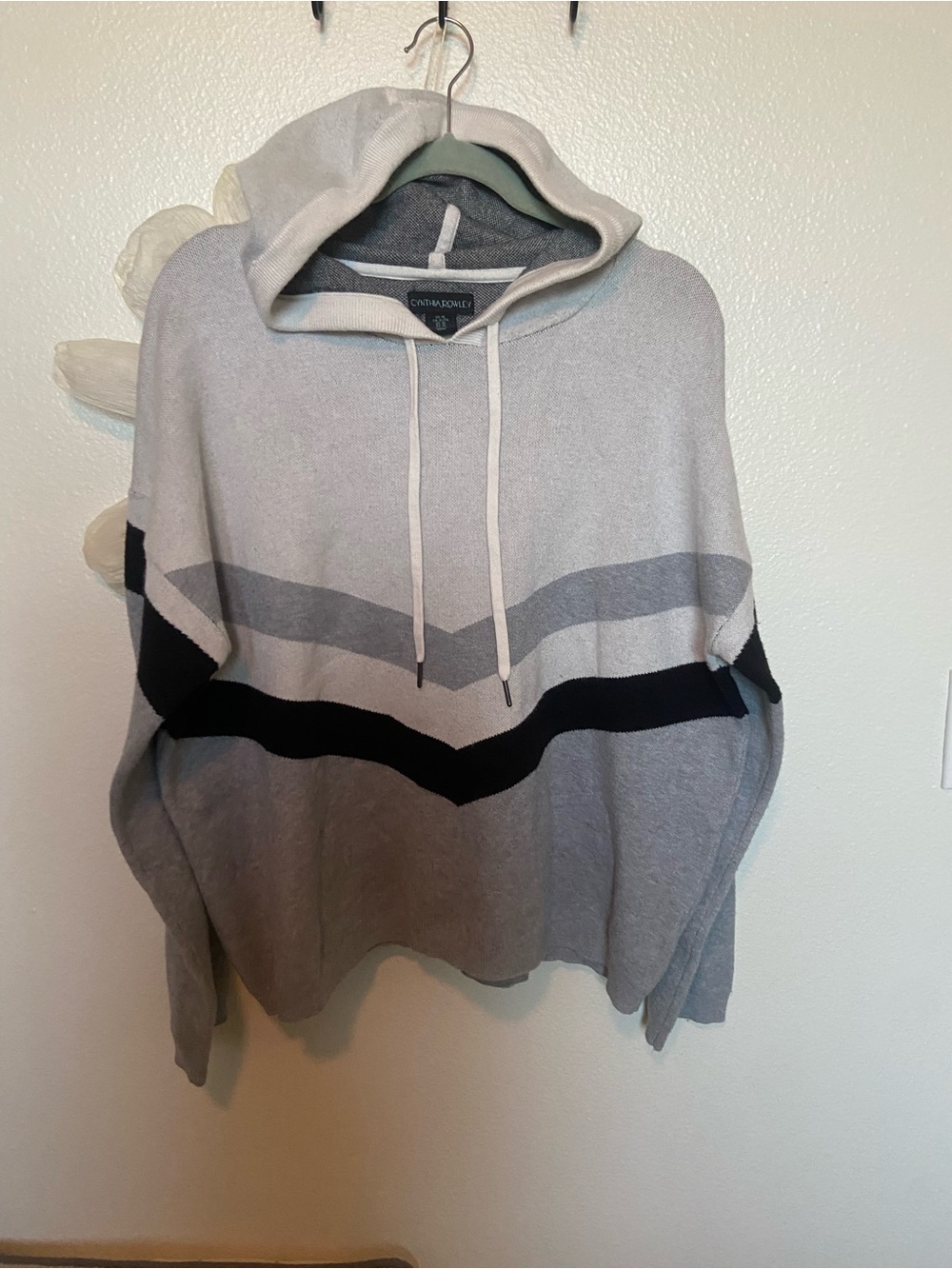 Cotton-Blend Hooded Sweater in Light Gray with Stripes